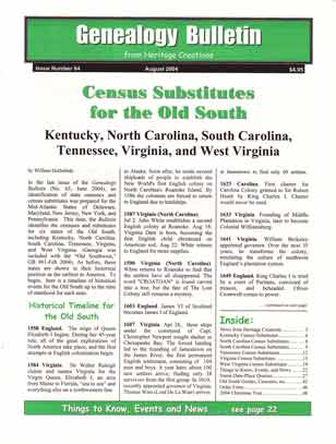 Census Substitutes for the Old South - Kentucky, North Carolina, South Carolina, Tennessee, Virginia, and West Virginia - Genealogy Bulletin 64 - August 2004