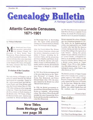 Atlantic Canada Censuses 1671-1901 - Genealogy Bulletin 46 - Jul-Aug 1998