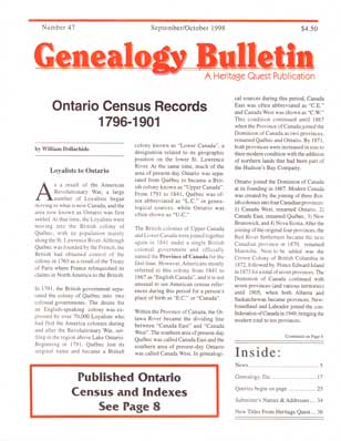 Ontario Census Records 1796-1901 - Genealogy Bulletin 47 - Sep-Oct 1998