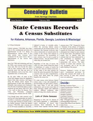 State Census Records & Census Substitutes for Alabama, Arkansas, Florida, Georgia, Louisiana & Mississippi - Genealogy Bulletin 61 - February 2004